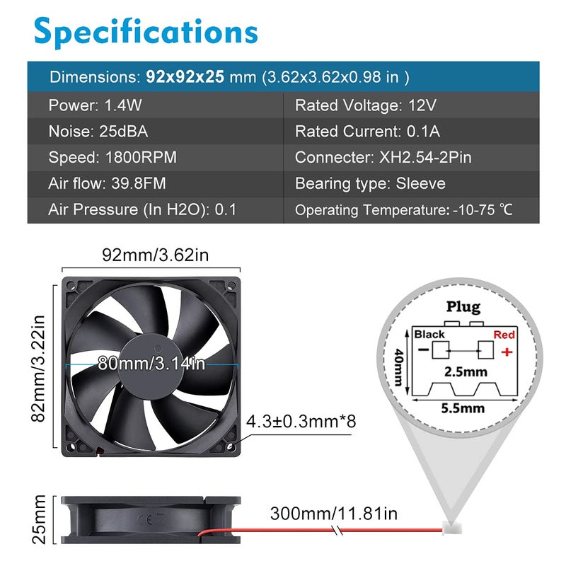 Wathai 2 PCS 92mm x 25mm 90mm 12V DC Brushless Exhaust Fan 2Pin for PC Computer Case, Inverter, Refrigerator, Desktop Cooling - Image 2